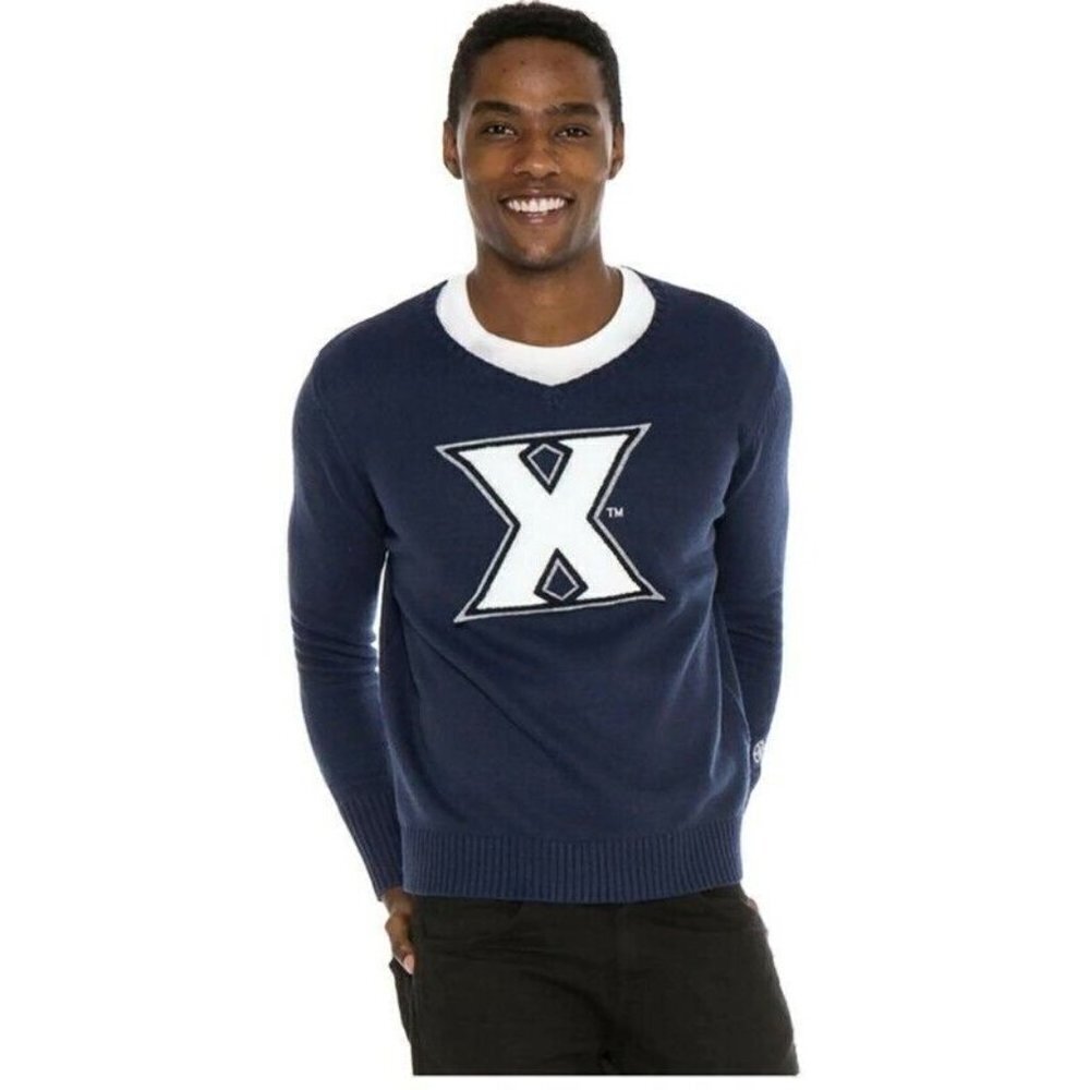 NCAA Xavier Musketeers Mens V-Neck Sweater Alma Mater Classic Navy Size 2XL